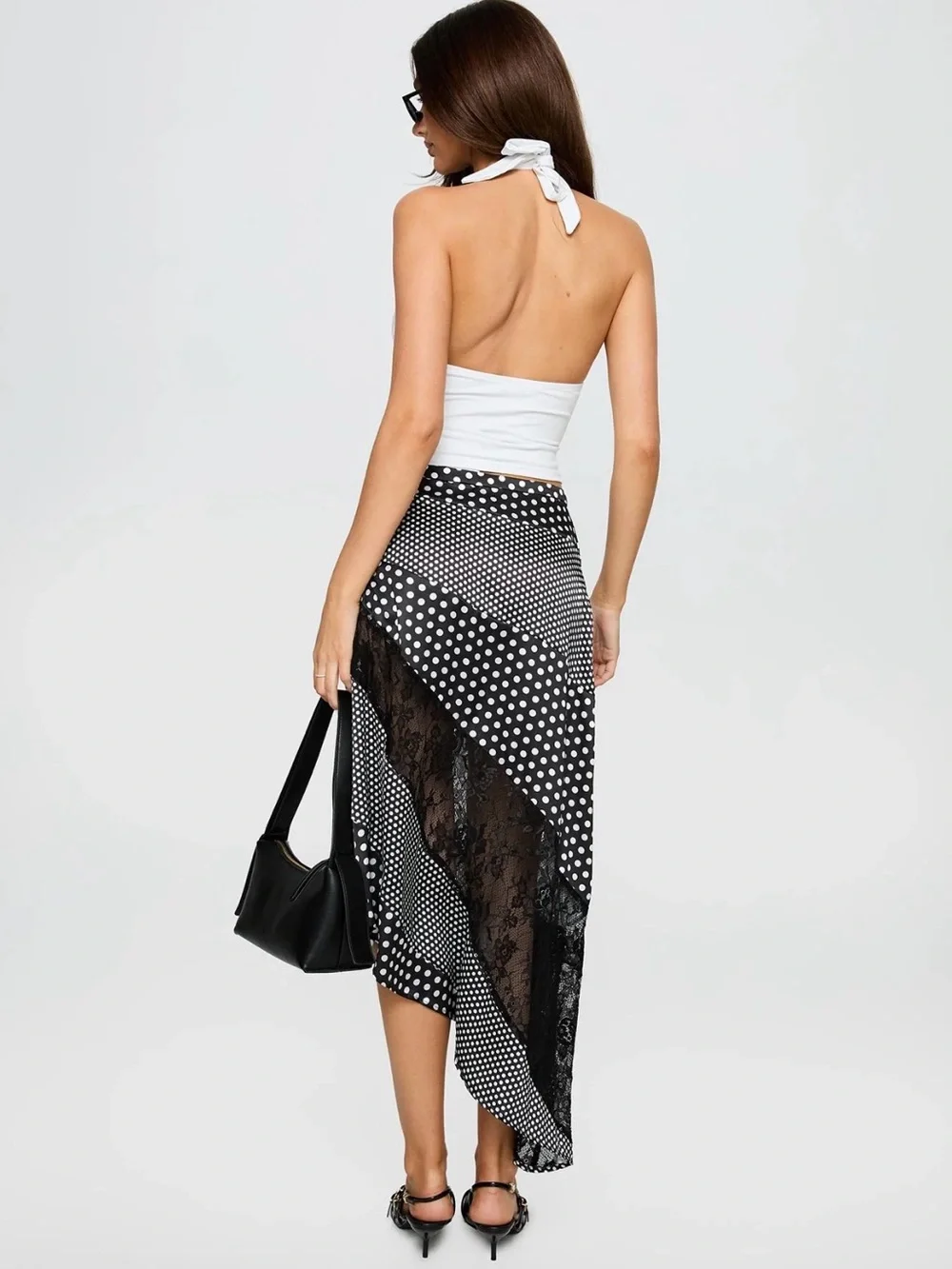 Princess Polly Black & White Polka Dot Asymmetrical Midi Skirt - Picture 4 of 4